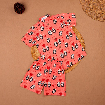 Peach Panda & Heart Print Muslin Co-ord Set
