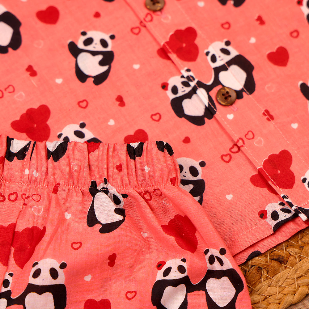 Peach Panda & Heart Print Muslin Co-ord Set
