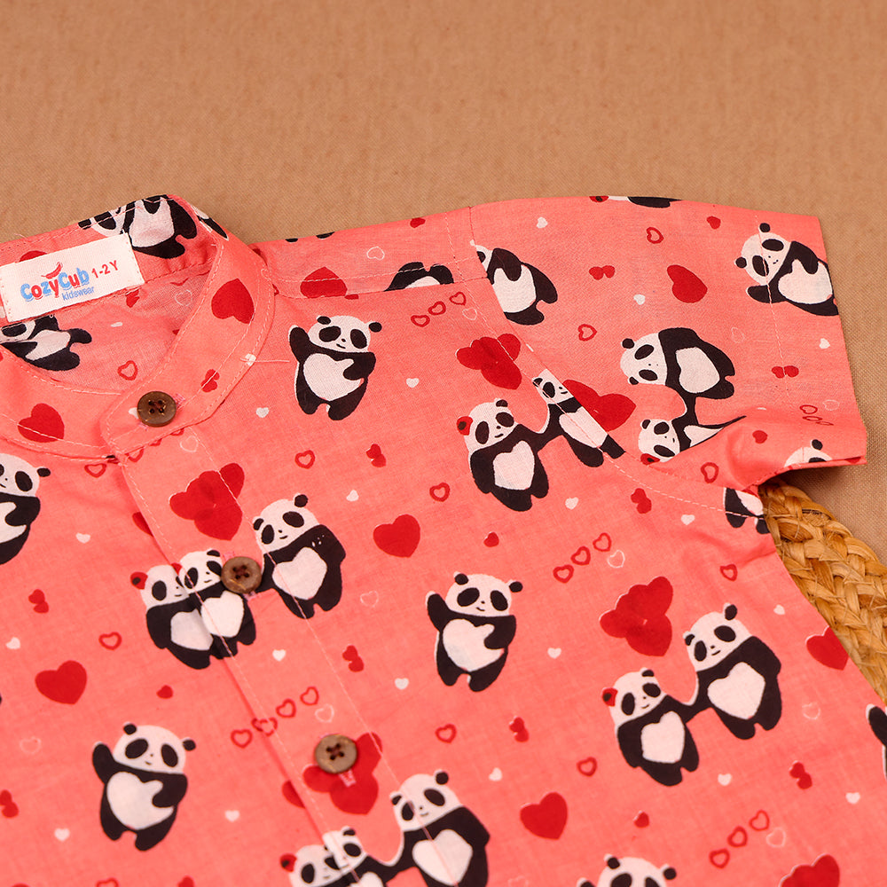 Peach Panda & Heart Print Muslin Co-ord Set