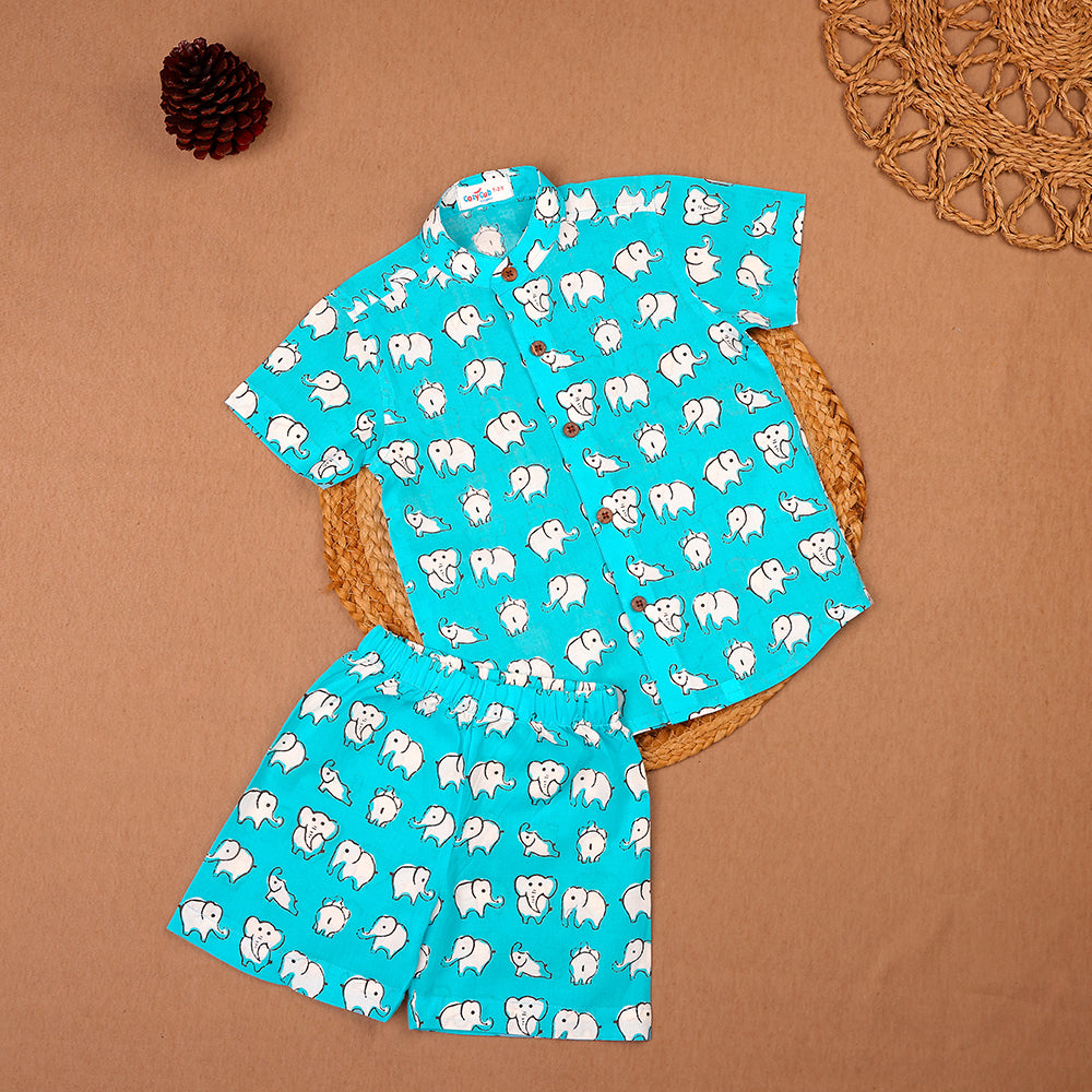 Turquoise Elephant Print Muslin Co-ord Set