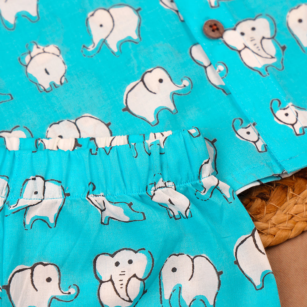 Turquoise Elephant Print Muslin Co-ord Set