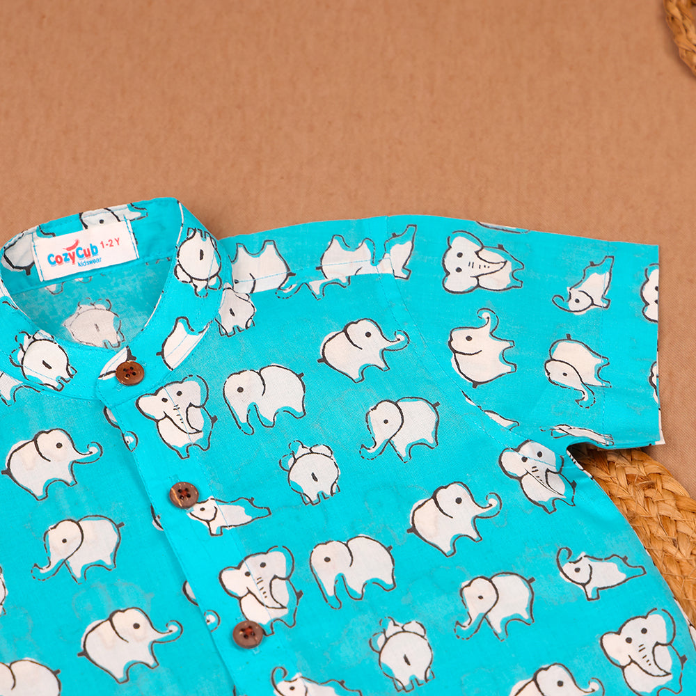 Turquoise Elephant Print Muslin Co-ord Set