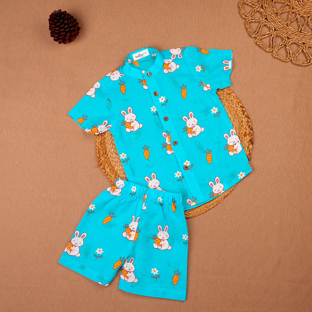 Turquoise Bunny & Carrot Print Muslin Co-ord Set