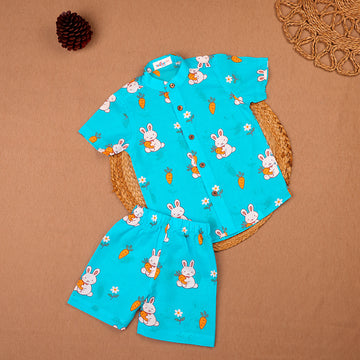 Turquoise Bunny & Carrot Print Muslin Co-ord Set