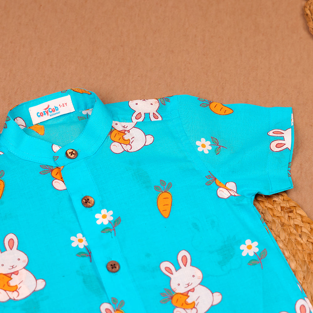 Turquoise Bunny & Carrot Print Muslin Co-ord Set