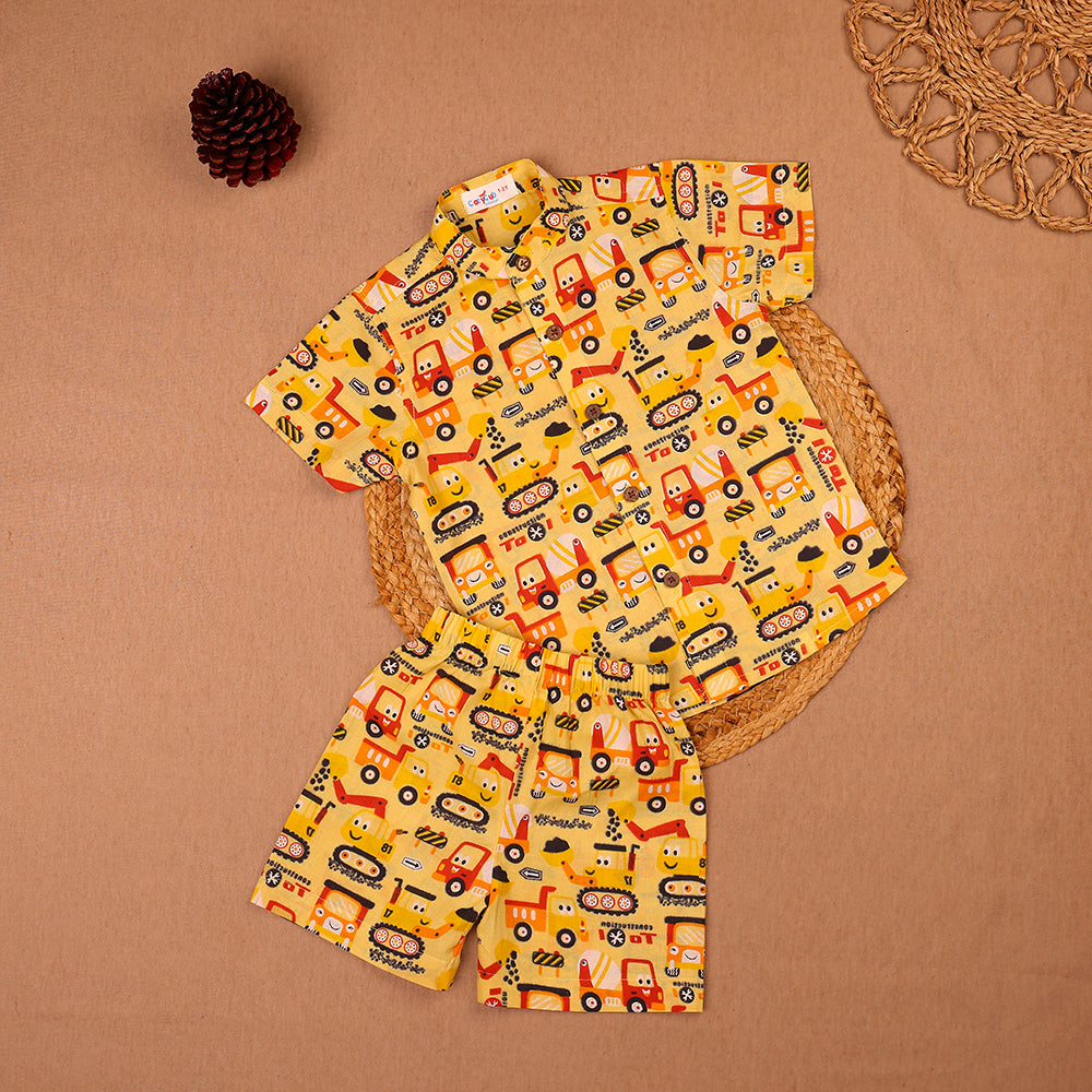 Yellow Construction Truck Print Muslin Co-ord Set