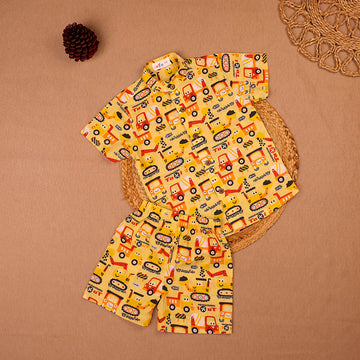 Yellow Construction Truck Print Muslin Co-ord Set