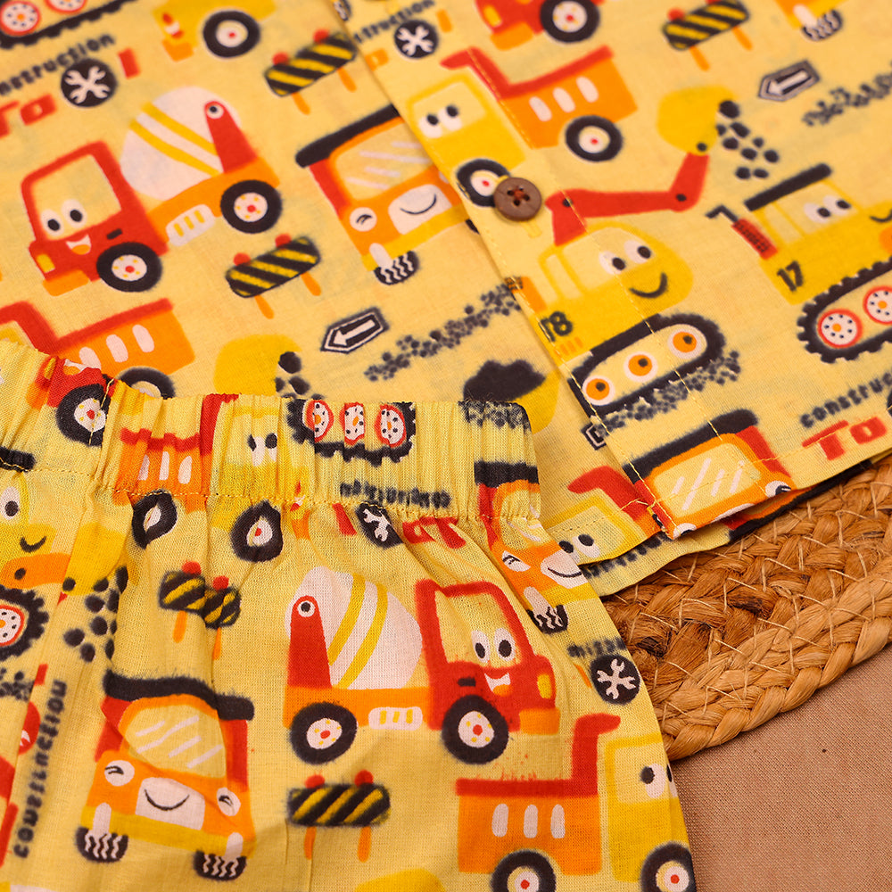 Yellow Construction Truck Print Muslin Co-ord Set