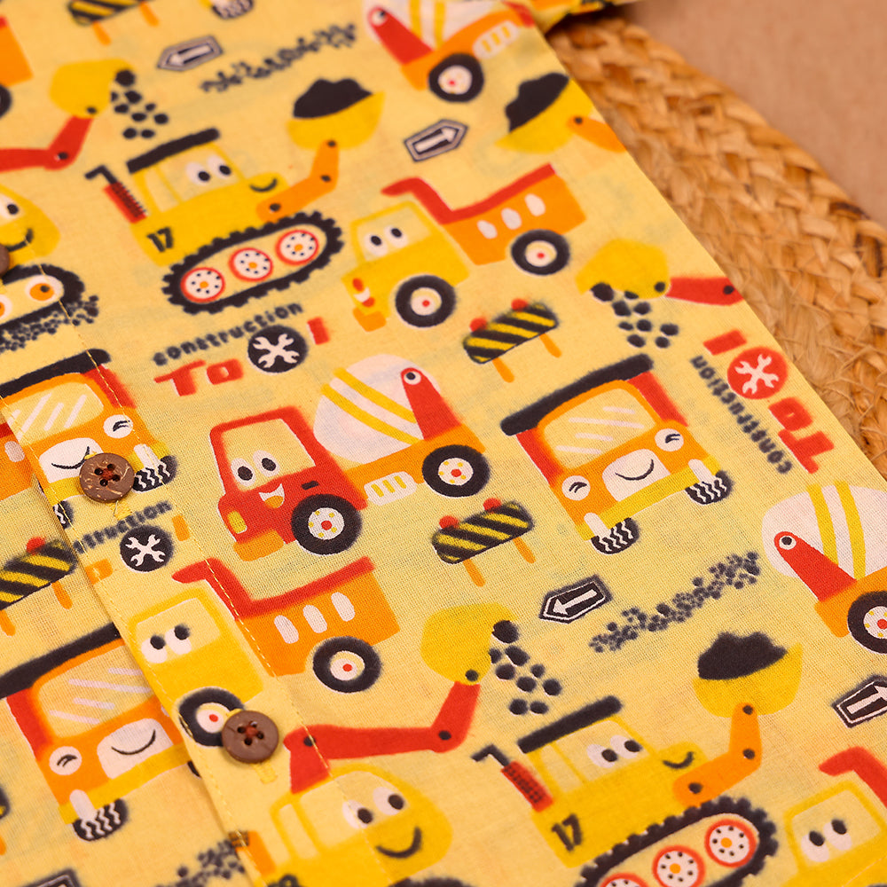Yellow Construction Truck Print Muslin Co-ord Set