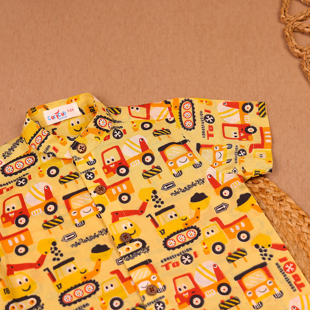 Yellow Construction Truck Print Muslin Co-ord Set