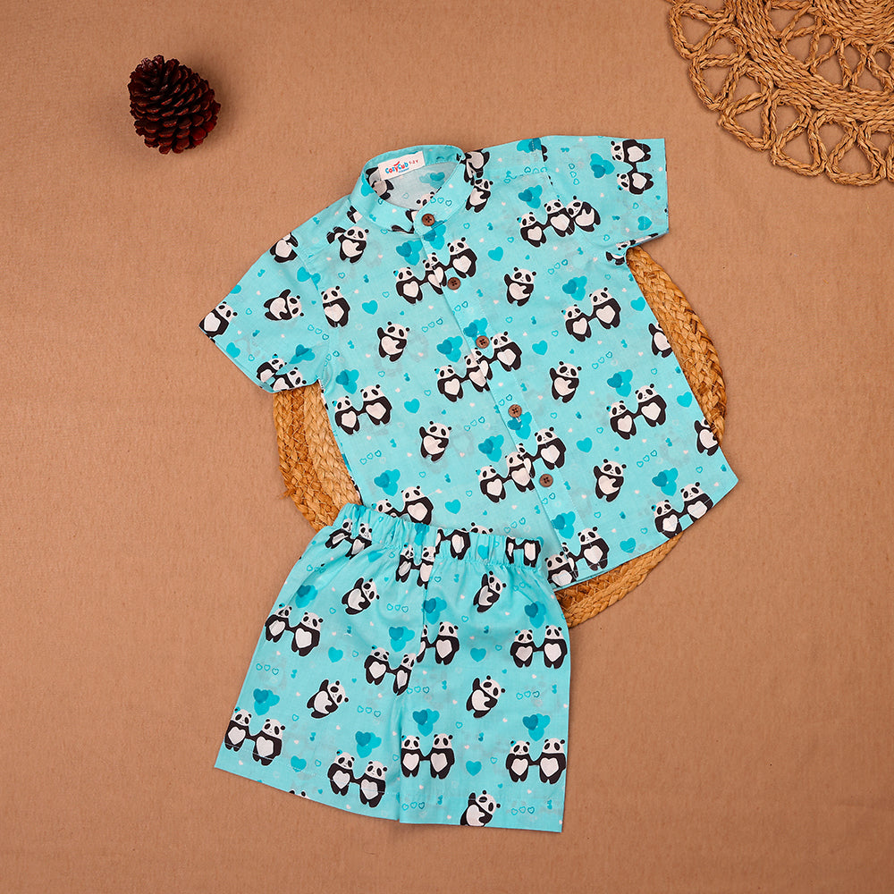 Aqua Panda & Heart Print Muslin Co-ord Set
