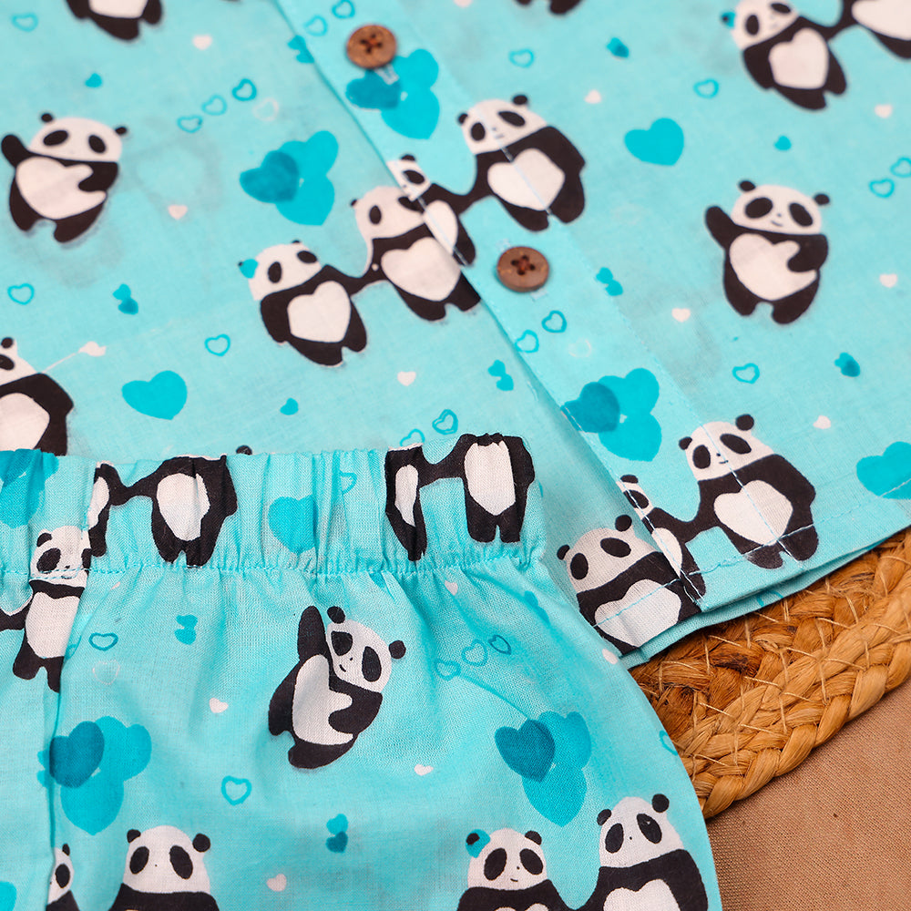 Aqua Panda & Heart Print Muslin Co-ord Set