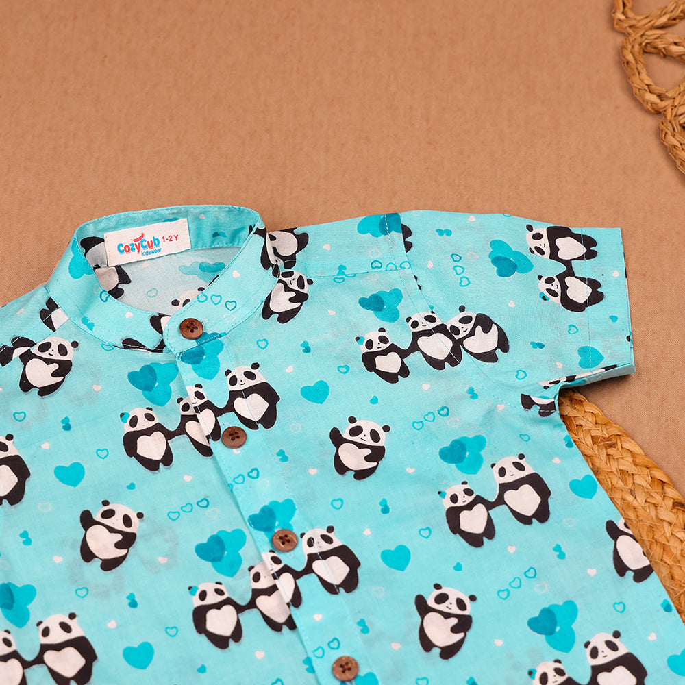 Aqua Panda & Heart Print Muslin Co-ord Set