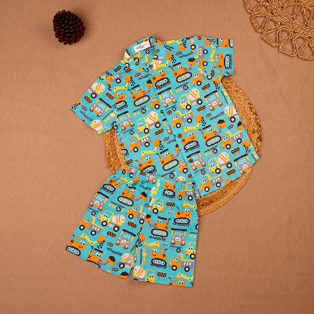Turquoise Construction Truck Print Muslin Co-ord Set