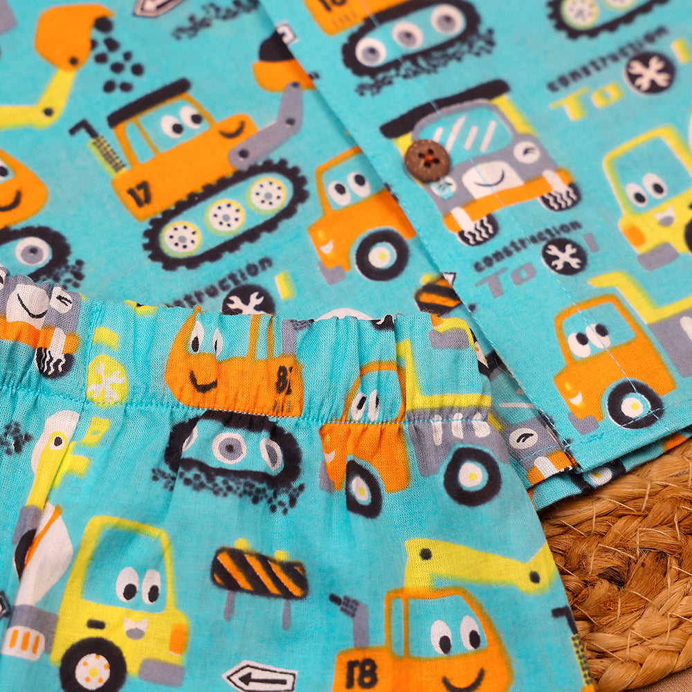Turquoise Construction Truck Print Muslin Co-ord Set
