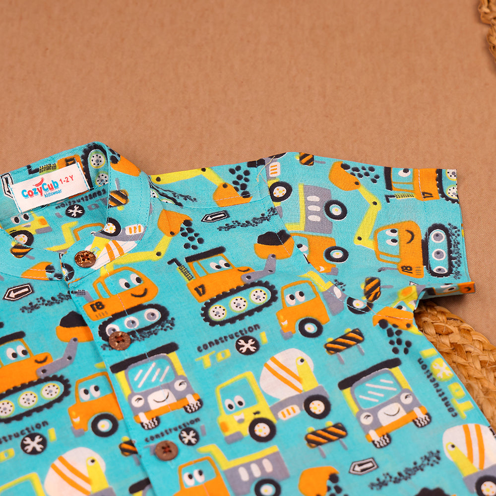 Turquoise Construction Truck Print Muslin Co-ord Set
