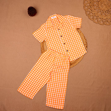 Orange Gingham Check Muslin Night Suit