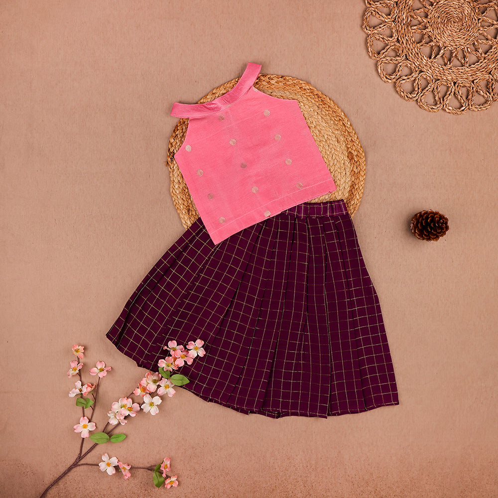 Pink Moon Collar Ethnic Top with Flared Skirt