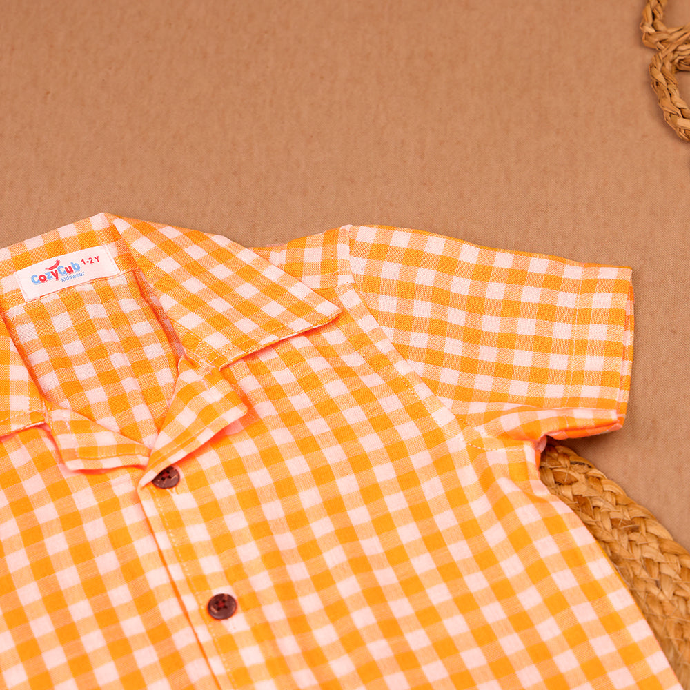 Orange Gingham Check Muslin Night Suit