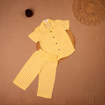 Yellow Gingham Check Muslin Night Suit