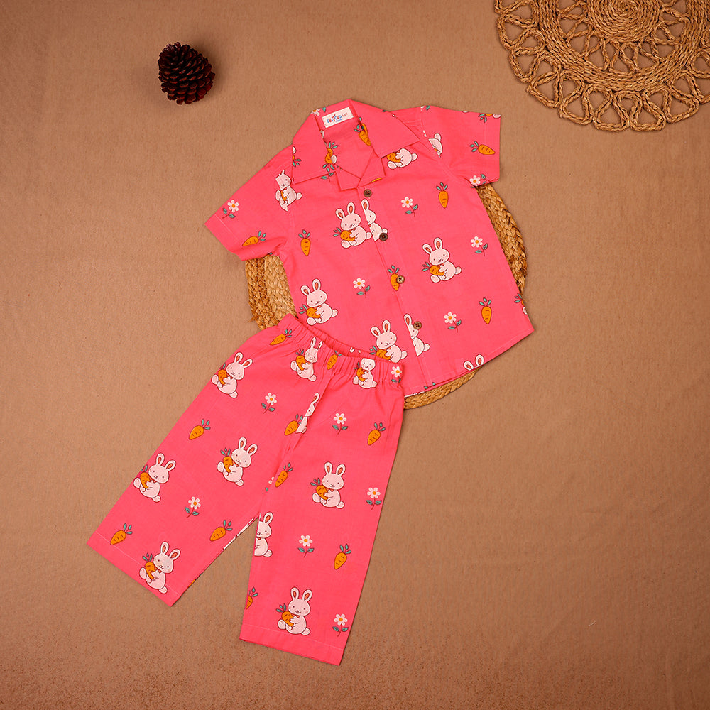 Pink Bunny and Carrot Print Cotton Night Suit