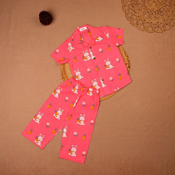 Pink Bunny and Carrot Print Cotton Night Suit