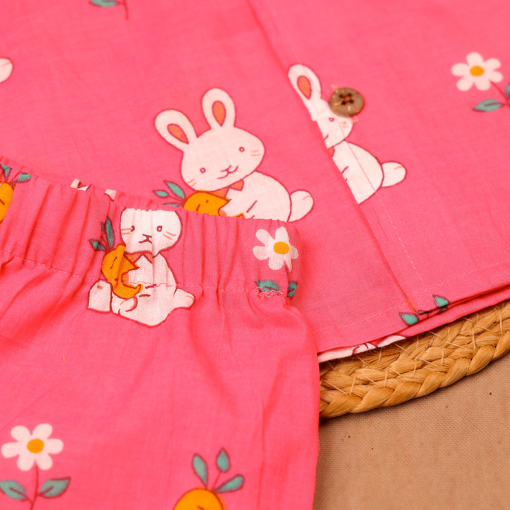 Pink Bunny and Carrot Print Cotton Night Suit