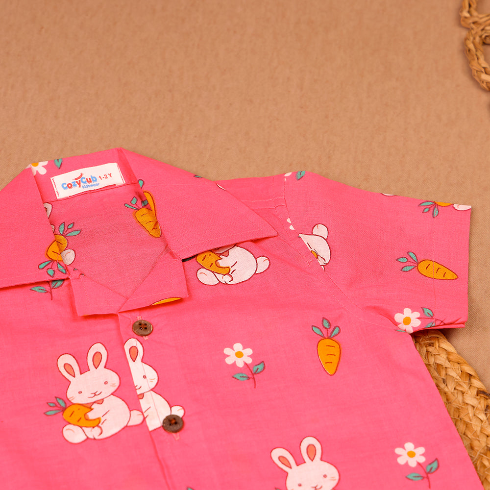 Pink Bunny and Carrot Print Cotton Night Suit