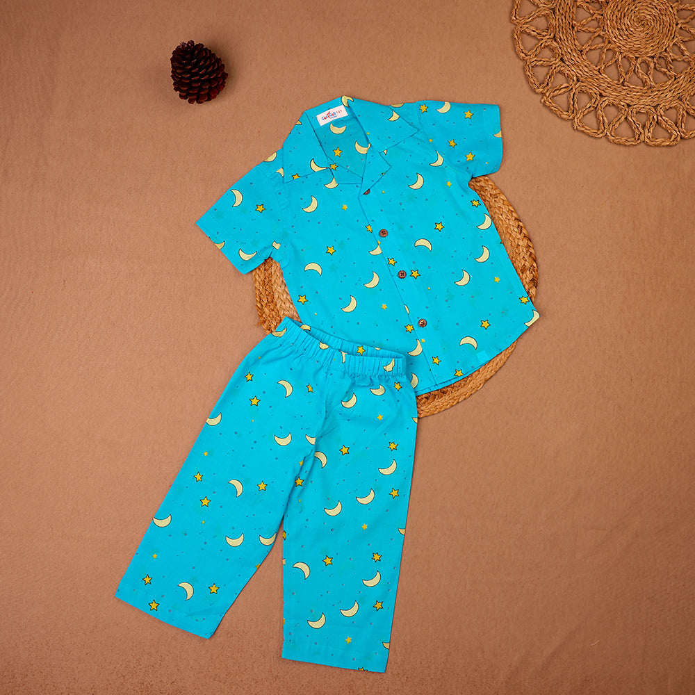 Turquoise Moon & Star Print Cotton Night Suit