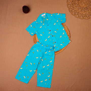 Turquoise Moon & Star Print Cotton Night Suit