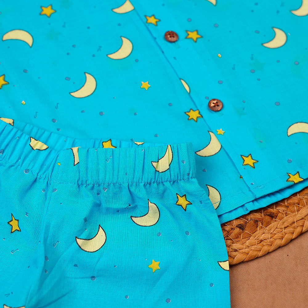 Turquoise Moon & Star Print Cotton Night Suit