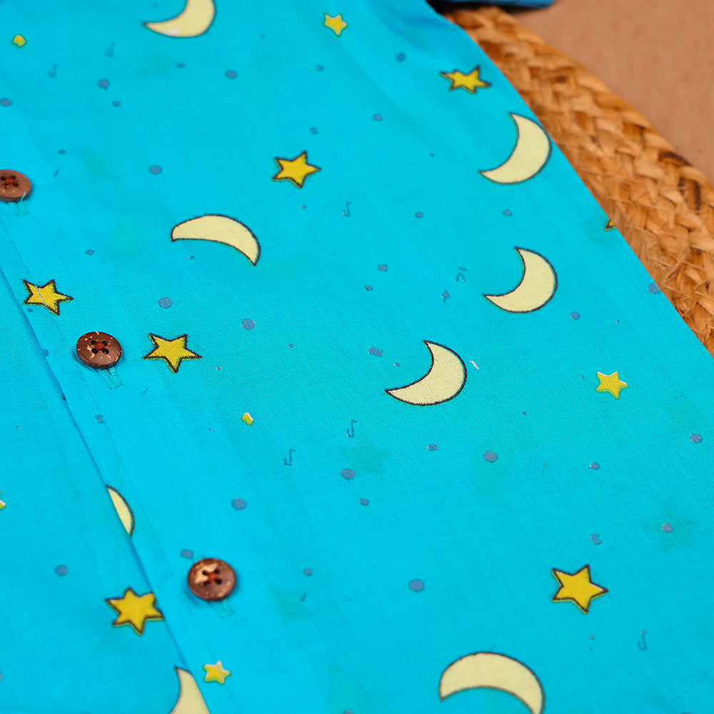 Turquoise Moon & Star Print Cotton Night Suit