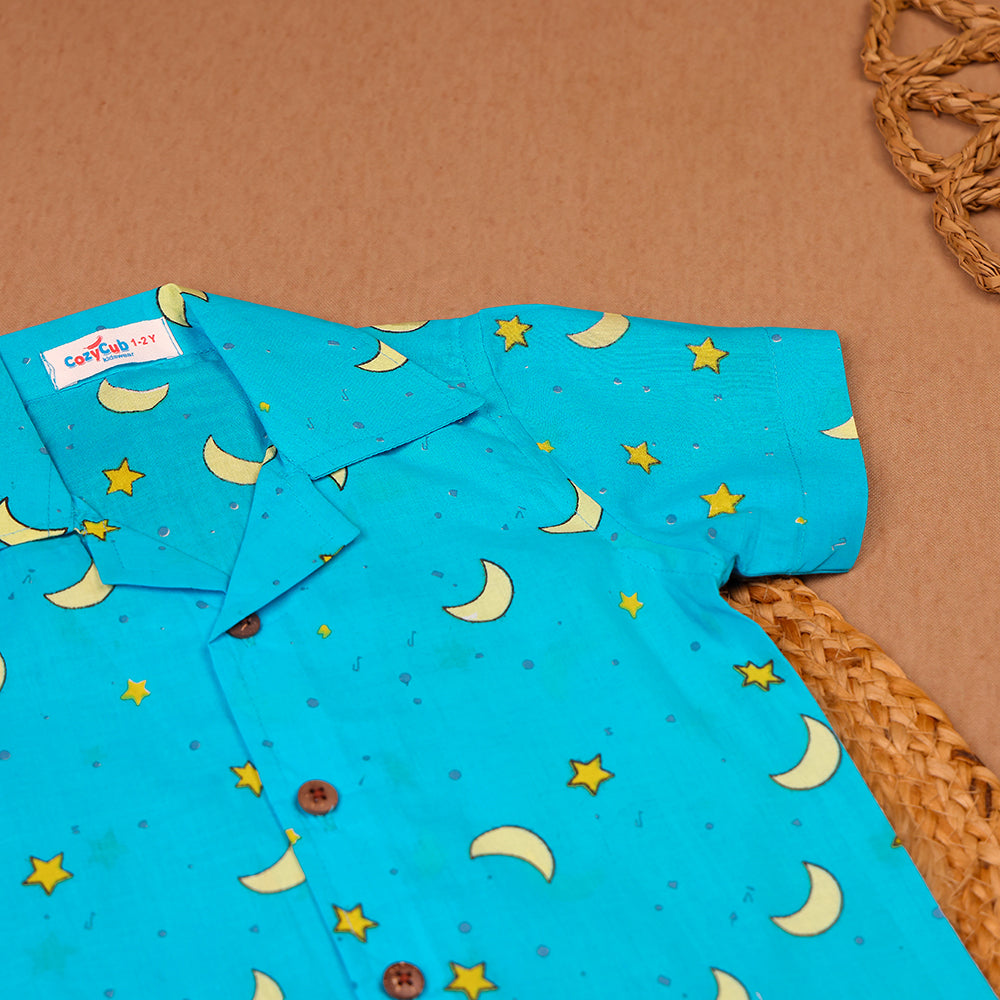 Turquoise Moon & Star Print Cotton Night Suit