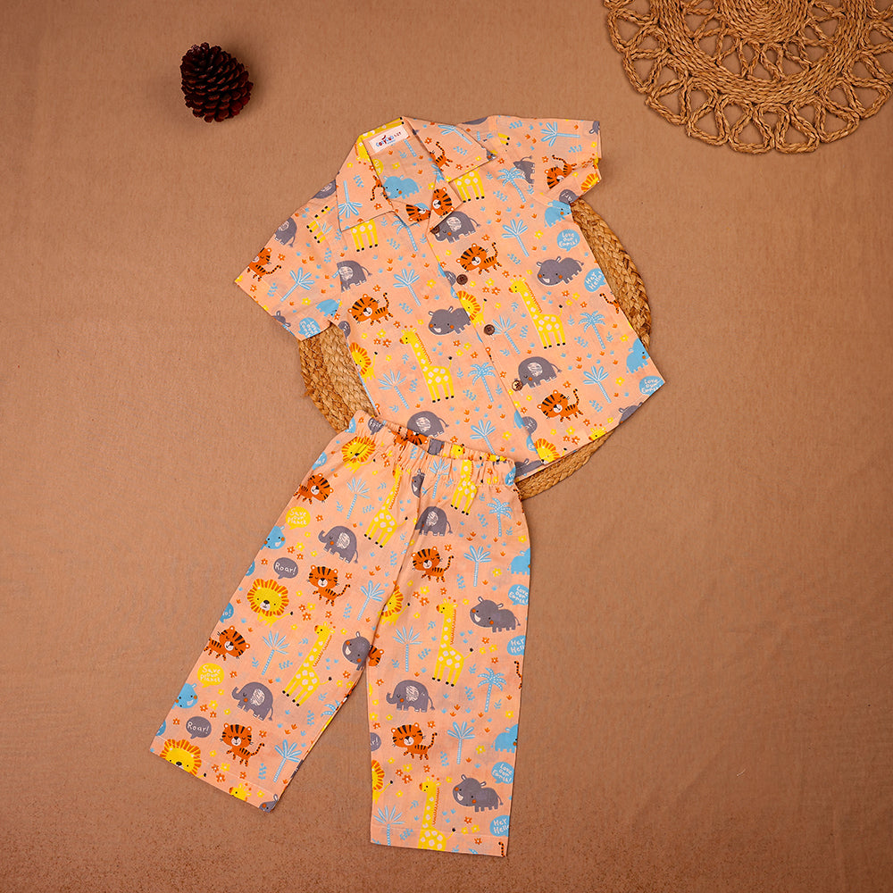 Peach Jungle Safari Print Cotton Night Suit