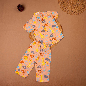 Peach Jungle Safari Print Cotton Night Suit