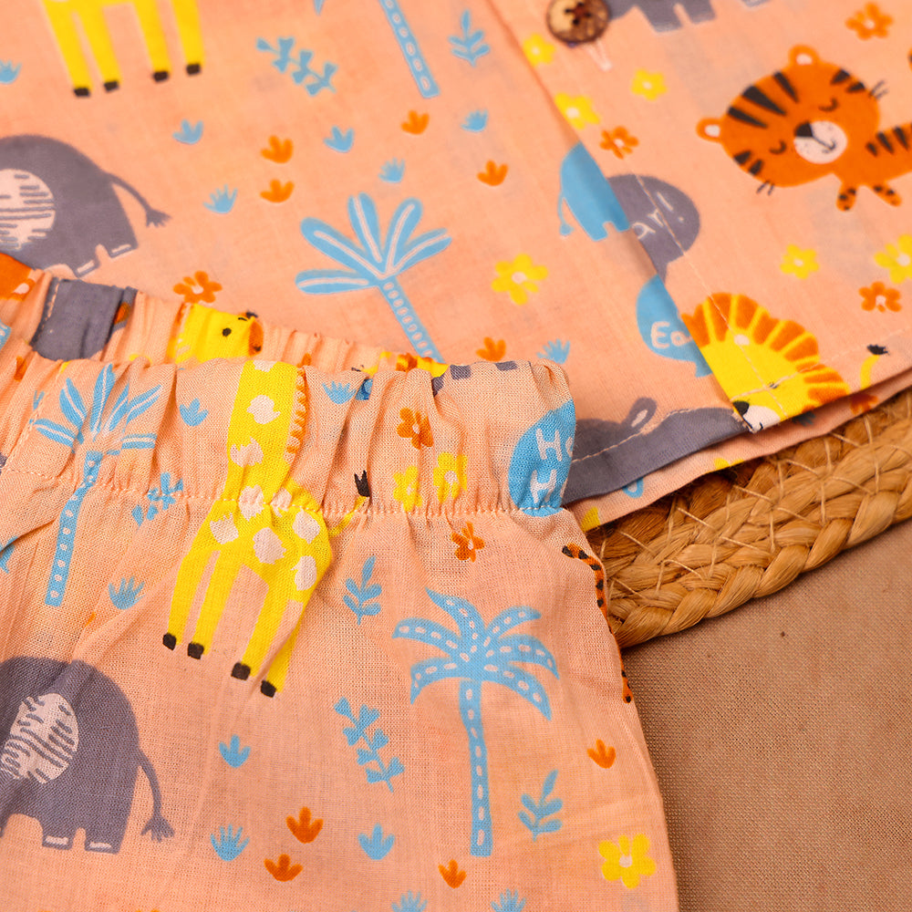 Peach Jungle Safari Print Cotton Night Suit