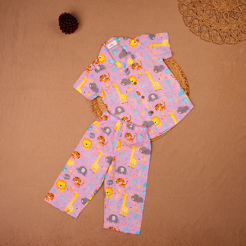 Lilac Jungle Safari Print Cotton Night Suit