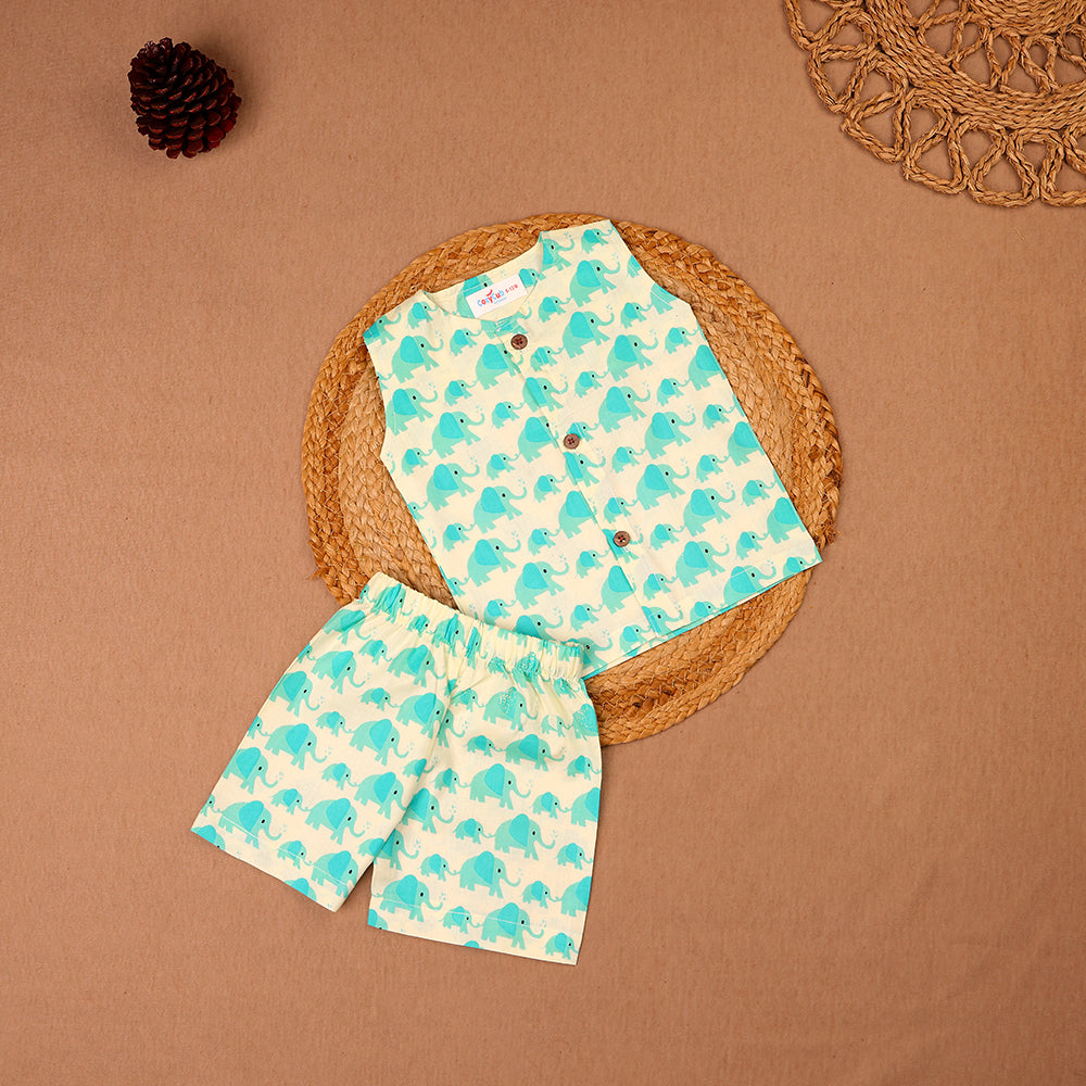 Turquoise Elephant Print Cotton Jabla & Shorts Set