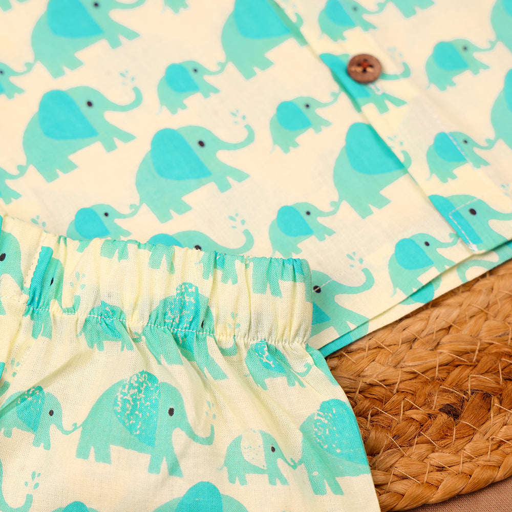 Turquoise Elephant Print Cotton Jabla & Shorts Set