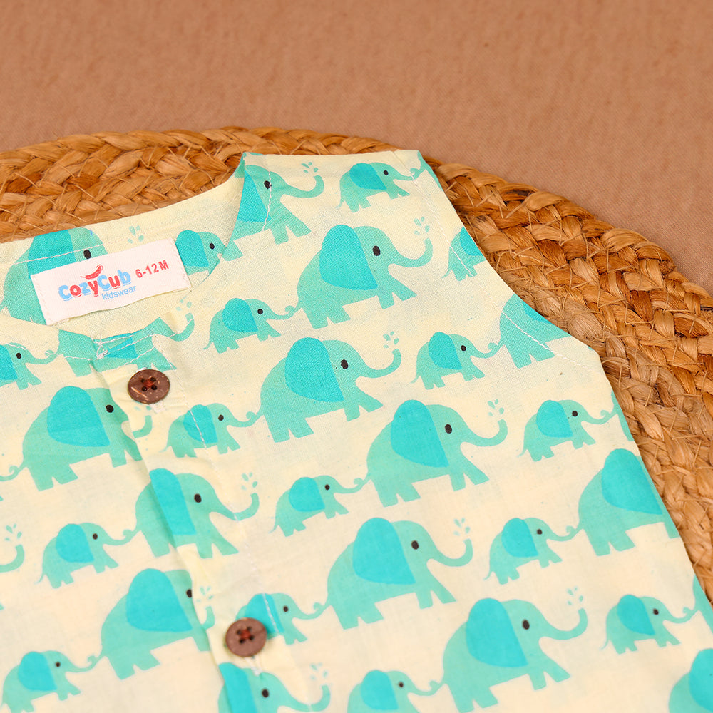 Turquoise Elephant Print Cotton Jabla & Shorts Set