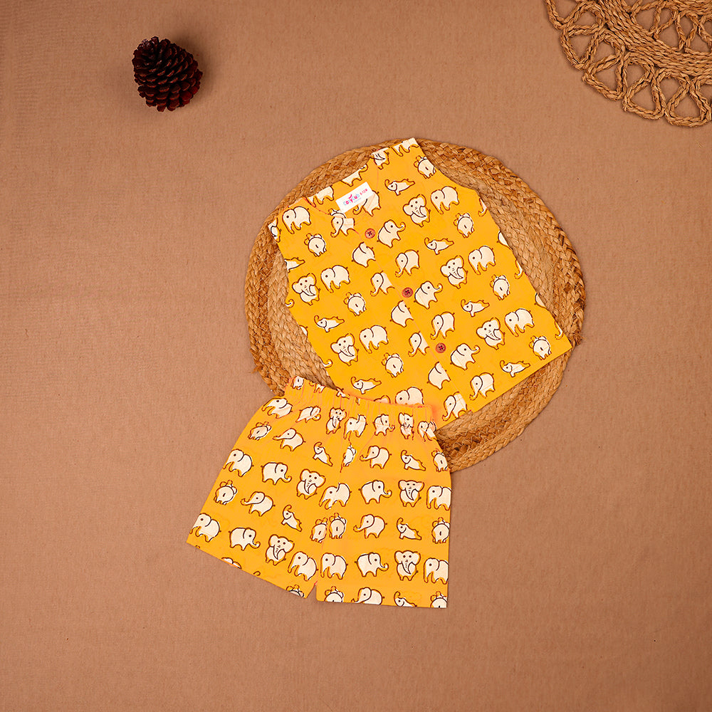 Yellow Elephant Print Cotton Jabla & Shorts Set