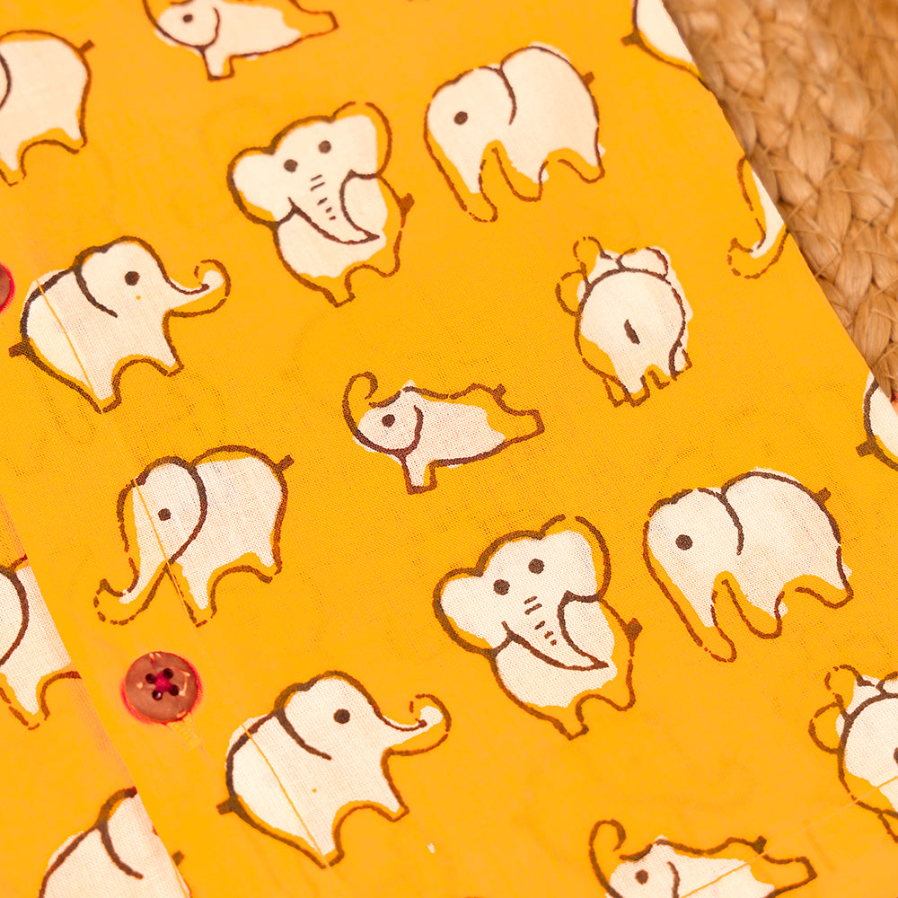 Yellow Elephant Print Cotton Jabla & Shorts Set