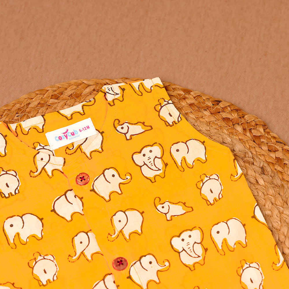 Yellow Elephant Print Cotton Jabla & Shorts Set