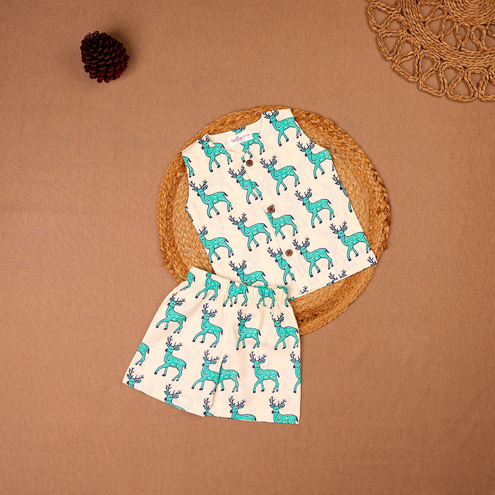 Ivory Reindeer Print Cotton Jabla & Shorts Set