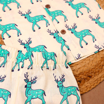 Ivory Reindeer Print Cotton Jabla & Shorts Set