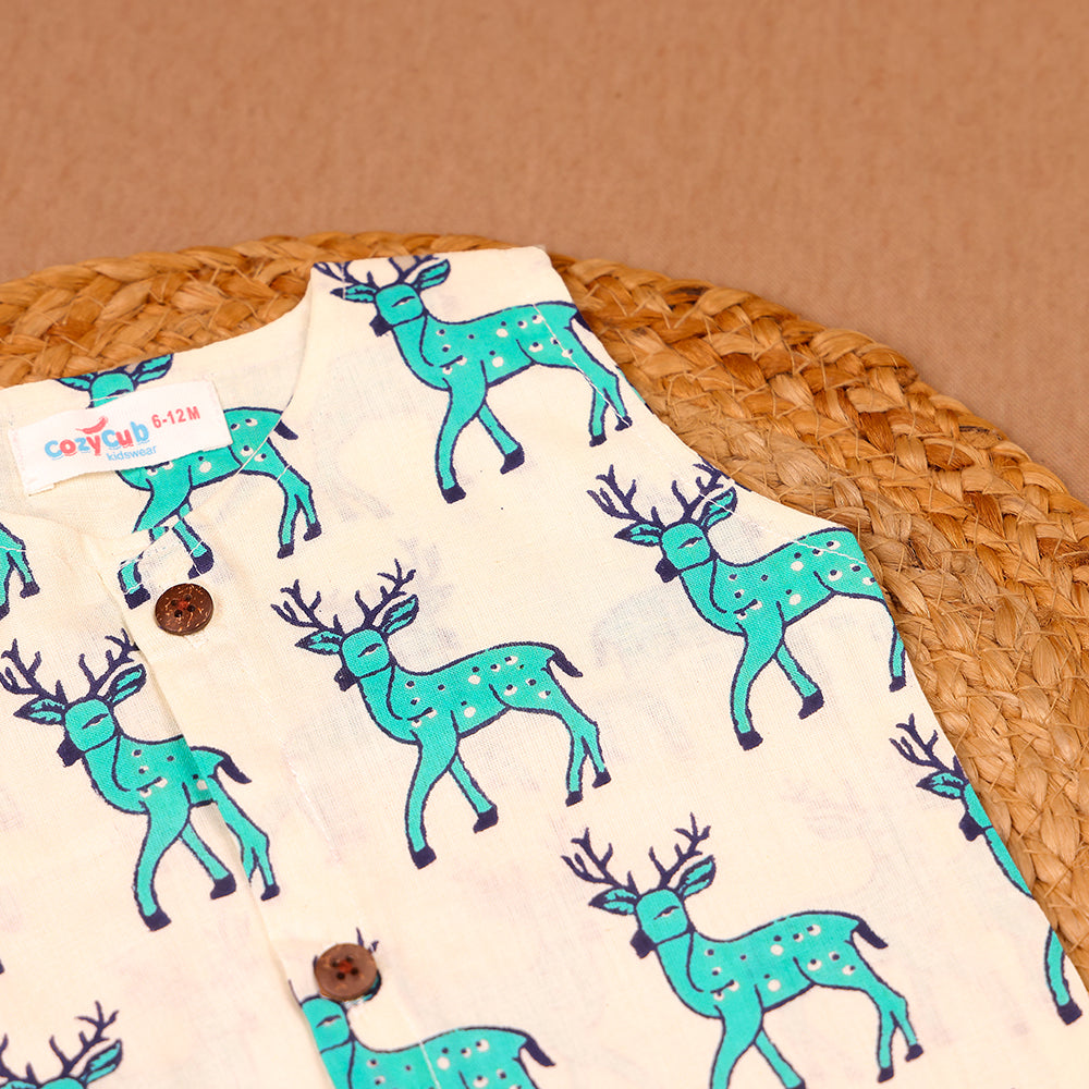 Ivory Reindeer Print Cotton Jabla & Shorts Set