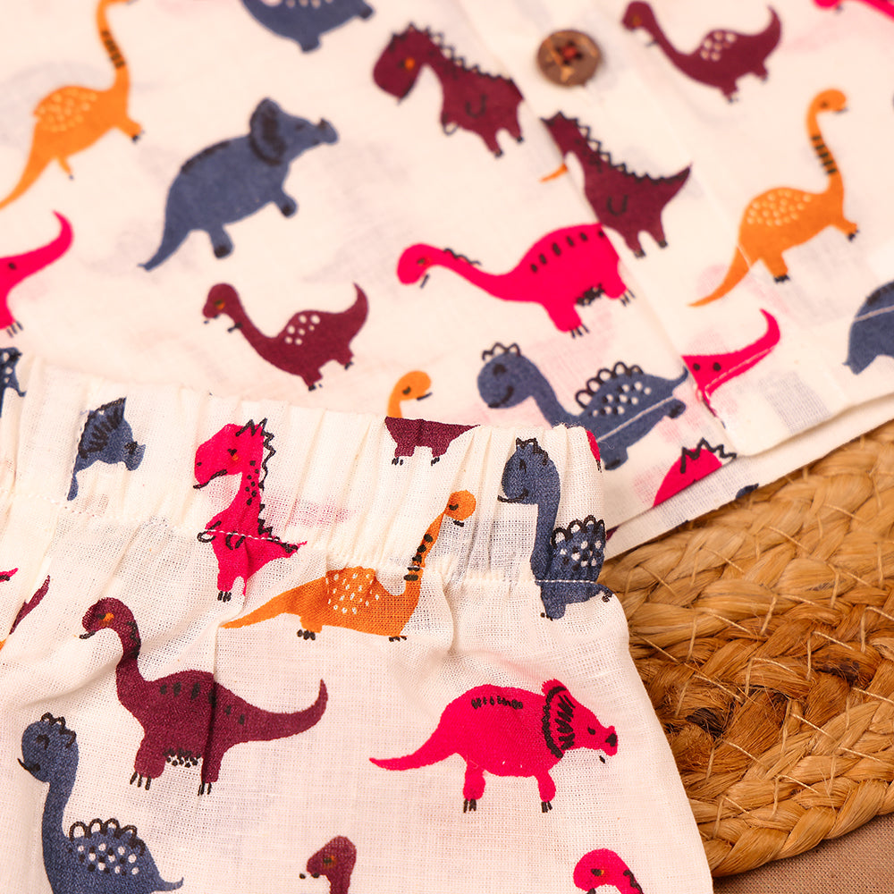 Ivory Dino Print Cotton Jabla & Shorts Set