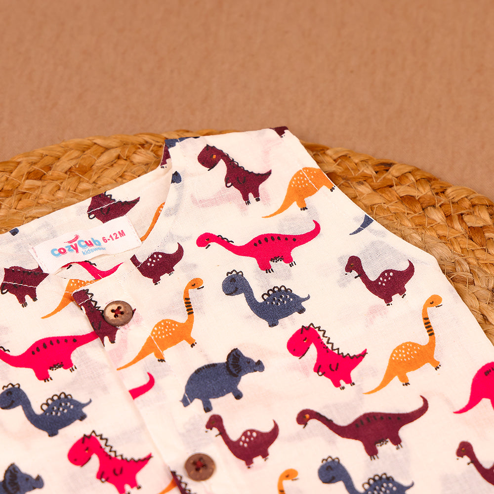 Ivory Dino Print Cotton Jabla & Shorts Set