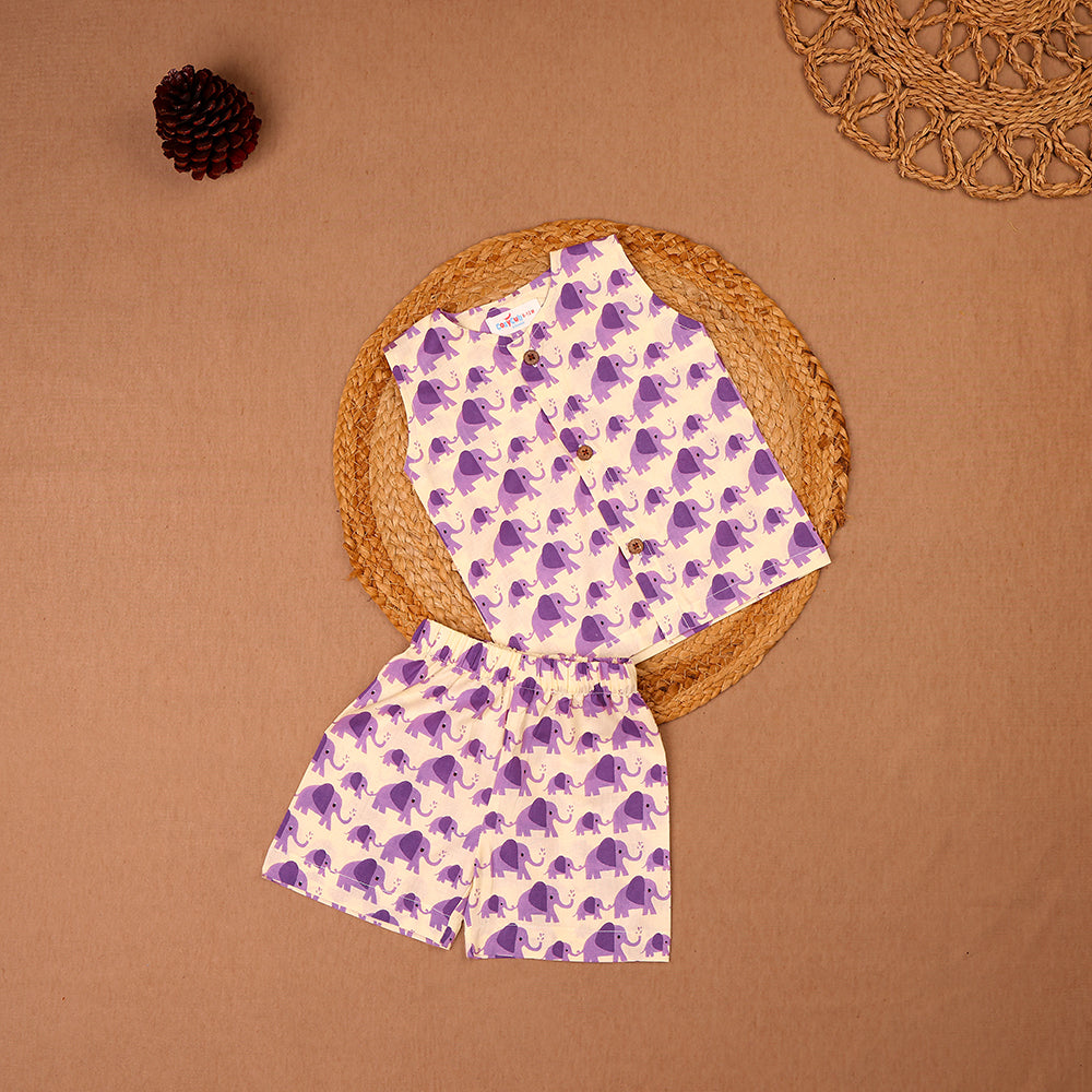 Purple Elephant Print Cotton Jabla & Shorts Set
