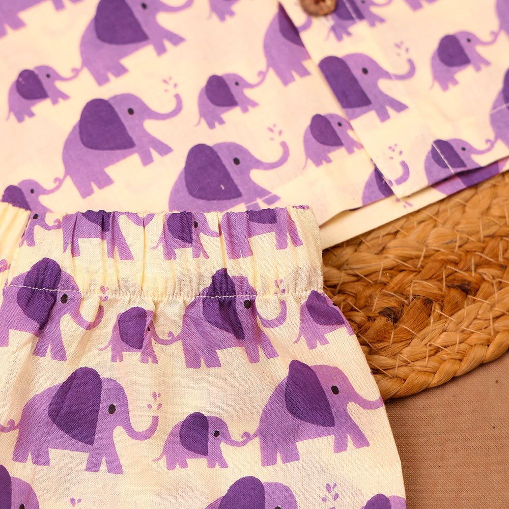 Purple Elephant Print Cotton Jabla & Shorts Set